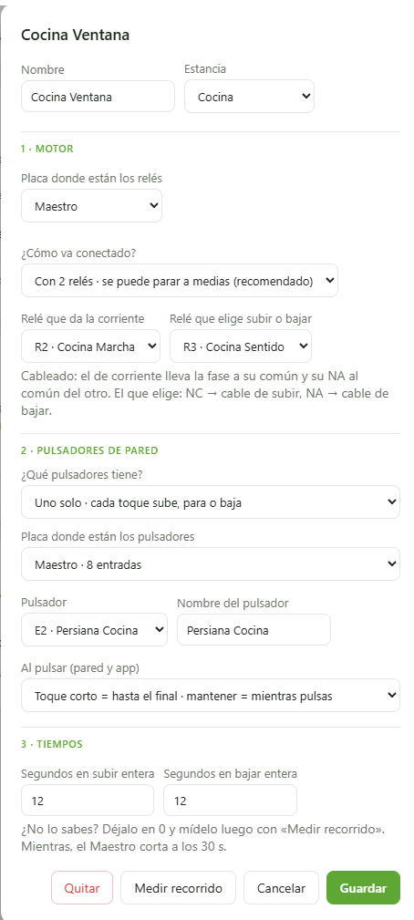 Ficha de creación de una persiana en OberDomo Tech
